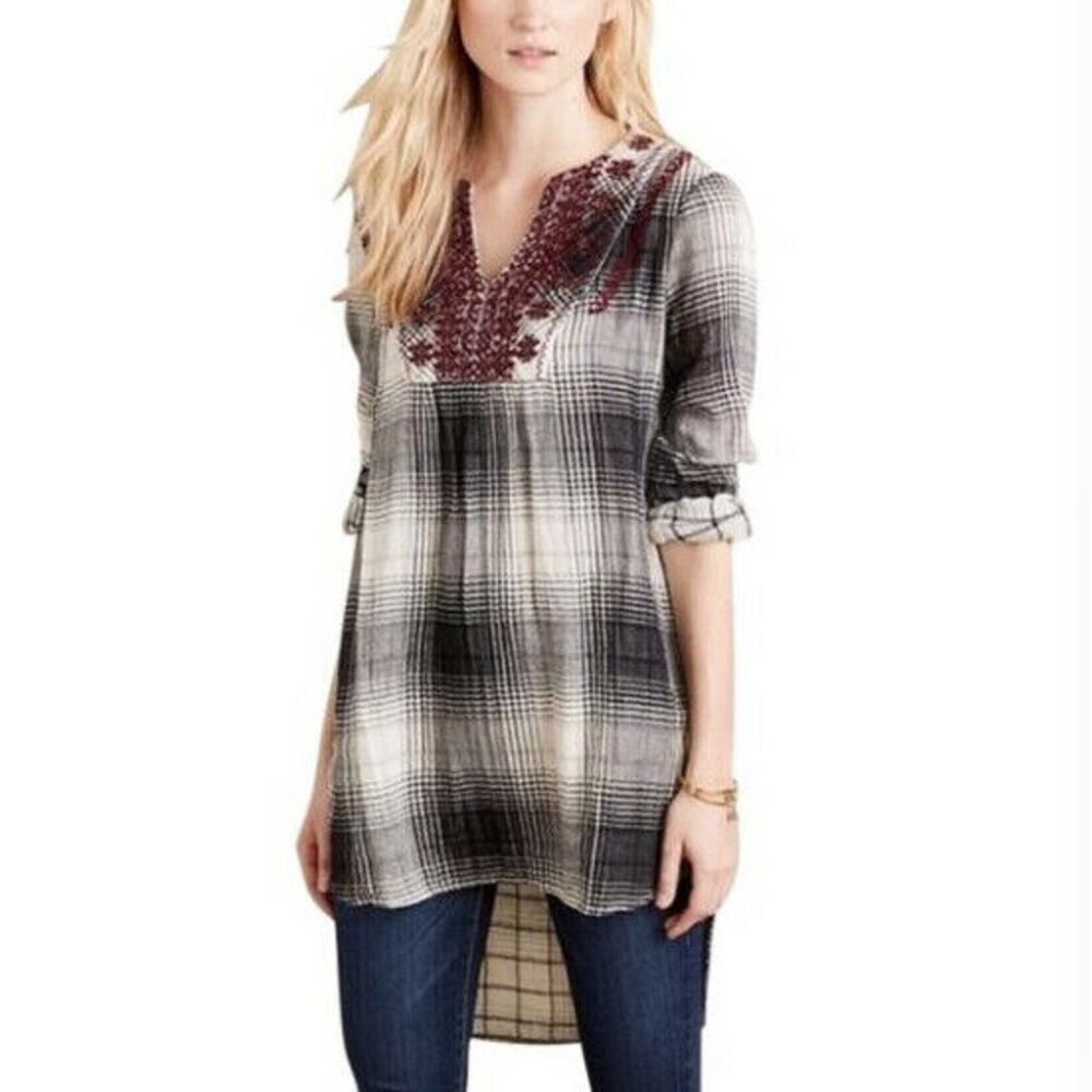 Anthropologie Floreat Black Cream Plaid Burgundy Embroidered V Neck Tunic Small